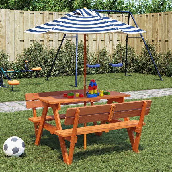 Zivelo Outdoor Solid Wood Picnic Table Set with Blue Umbrella in Dark Brown