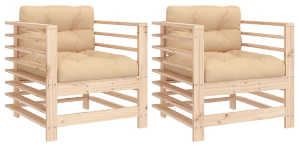 Velaro Garden Natural Solid Pinewood Armchairs with Beige Cushions in Pair