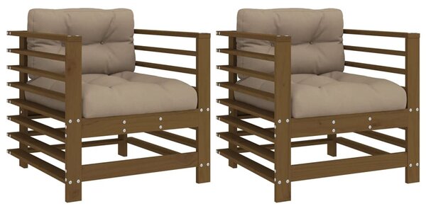 Velaro Garden Honey Brown Solid Pinewood Armchairs with Taupe Cushions in Pair
