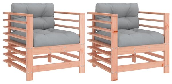 Velaro Garden Natural Solid Pinewood Armchairs with Grey Cushions in Pair