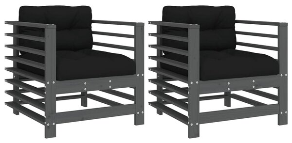 Velaro Garden Grey Solid Pinewood Armchairs with Black Cushions in Pair