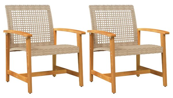 Zelivo Garden Beige Poly Rattan Armchair with Acacia Wood Frame in Pair