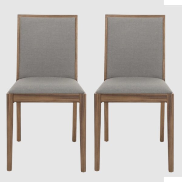 Lotus Walnut Wooden Dining Chairs With Grey Fabric Seat In Pair