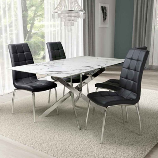 Amityville White Marble Effect Dining Table With 4 Black Justin Chairs