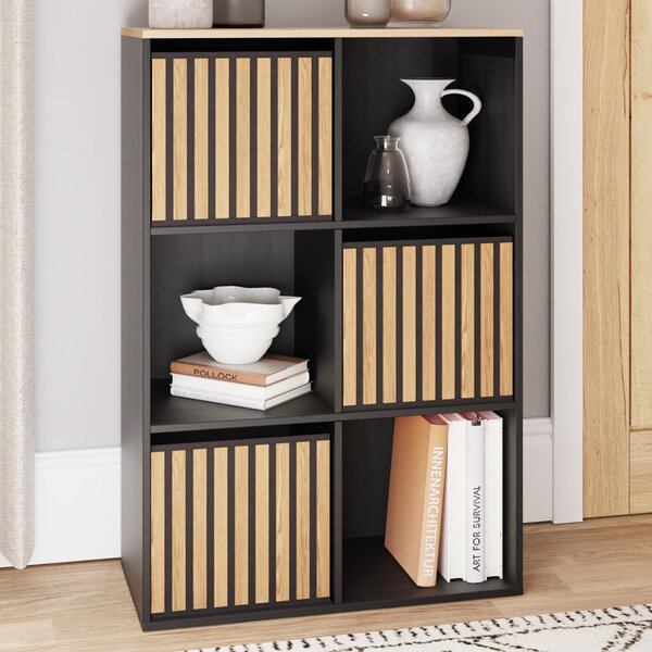 Kearney Wooden Storage Cabinet With 6 Shelves In Black And Oak