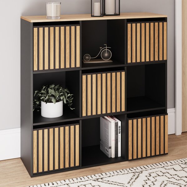 Kearney Wooden Storage Cabinet With 9 Shelves In Black And Oak
