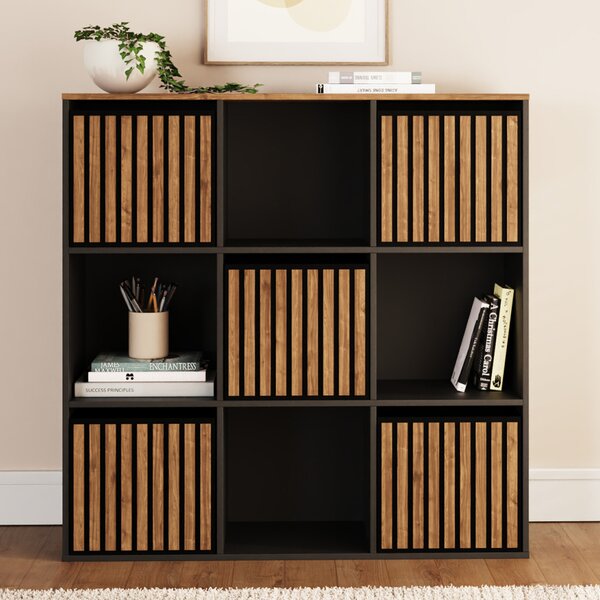 Kearney Wooden Storage Cabinet With 9 Shelves In Black And Walnut