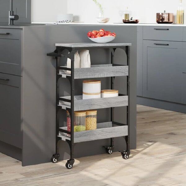 Coralville Wooden Kitchen Trolley With 3 Shelves In Grey Sonoma