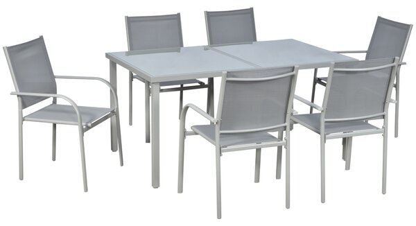 Outsunny 7 Piece Garden Dining Set, Outdoor Table and 6 Stackable Chairs, Steel Frame, Tempered Glass Top Table, Mesh Seats, Grey