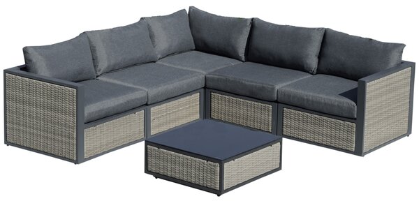 Outsunny 5-Seater Patio Wicker Sofa Set, Outdoor PE Rattan Sectional Conversation Aluminum Frame Furniture Set w/ Padded Cushion & Coffee Table, Grey