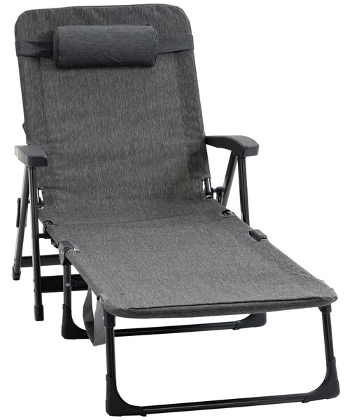 Outsunny Folding Chaise Lounge Chair, Mesh Fabric Lounge Chair, 7-Reclining Position Sleeping Bed with Pillow & Cup Holder, Deck, Backyard, Dark Grey