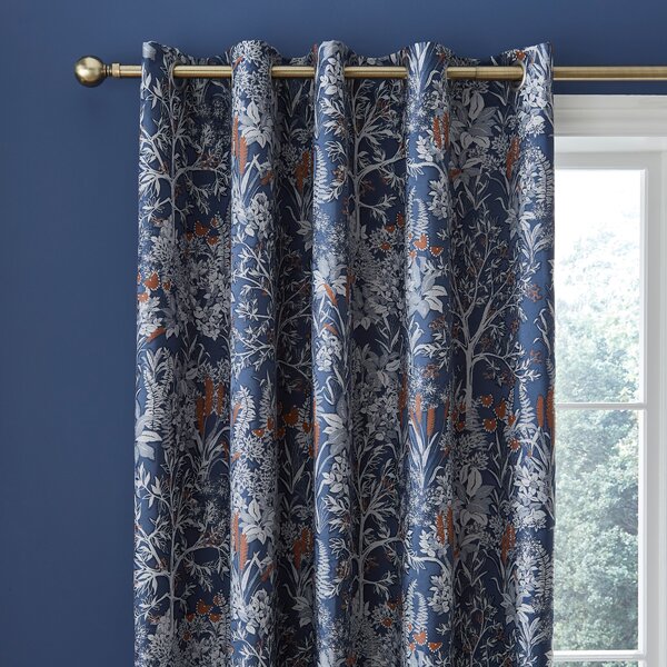 Audrey Navy Eyelet Curtains Navy Blue/White/Brown