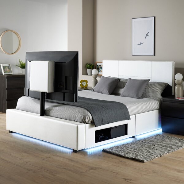 XR Living Ava TV Bed with LED Lights and TV Mount White