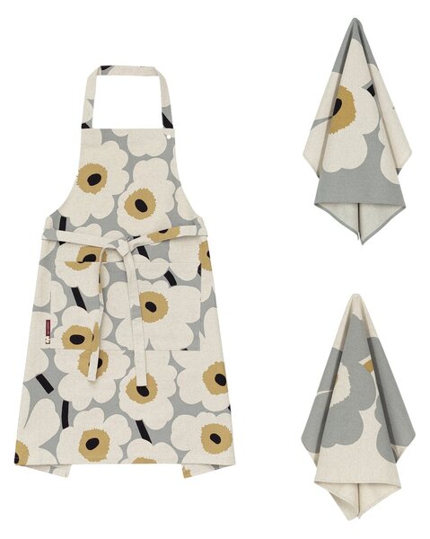 Marimekko Unikko anniversary apron + kitchen towel 3 pieces Grey-linen-straw-dark blue