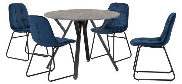 Athens Round Concrete Effect Dining Table with 4 Lukas Blue Dining Chairs Navy