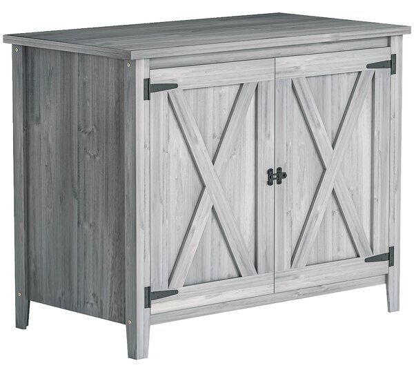 Outsunny Wooden Garden Shed, Outdoor Fir Wood Storage Shed with Shelf and Double Doors, Light Grey