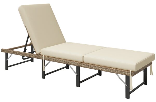 Outsunny Single Folding Rattan Sun Lounger, with Cushion - Grey