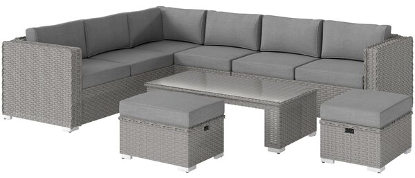 Outsunny 8-Seater PE Rattan Garden Corner Sofa Set Outdoor Wicker Conservatory Furniture Coffee Table Footstool, Grey Aosom UK