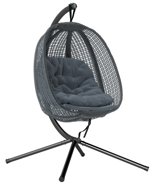 Outsunny Outdoor Swing Chair w/ Thick Padded Cushion, Patio Hanging Chair w/ Metal Stand, Foldable Basket, Cup Holder, Dark Grey