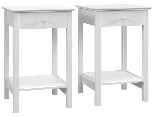 HOMCOM White Bedside Table, Wooden Side Table, Nightstand, Bedside Cabinet with Drawer and Storage Shelf for Bedroom, Set of 2 Aosom UK