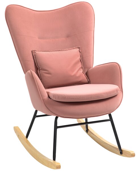 HOMCOM Velvet Rocking Chair Armchair with Lumbar Pillow, Metal Legs and Wood Base for Living Room, Bedroom, Pink Aosom UK