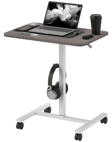 HOMCOM Height Adjustable Standing Desk, Pneumatic Sit Stand Desk for Laptop, Mobile Overbed Table with Wheels and Headphone Hook, Grey Aosom UK