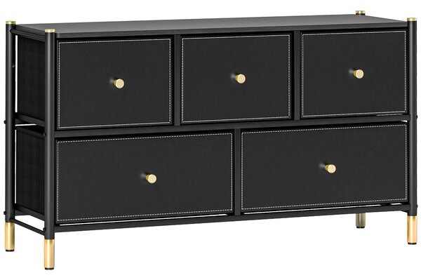 HOMCOM Chest of Drawers, 5 Drawer Fabric Dresser with PU Leather Surface, Steel Frame, Storage Organizer Unit for Bedroom Black Aosom UK