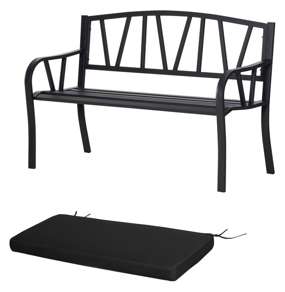 Outsunny 2-Seater Garden Bench with Cushion, Metal Loveseat, Slatted Outdoor Park Chair with Decorative Backrest and Armrest, Black