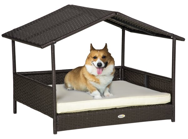 PawHut Wicker Dog House, Rattan Pet Bed, with Removable Cushion, Canopy, for Small and Medium Dogs - Cream Aosom UK