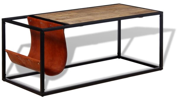 Coffee Table with Genuine Leather Magazine Holder 110x50x45 cm