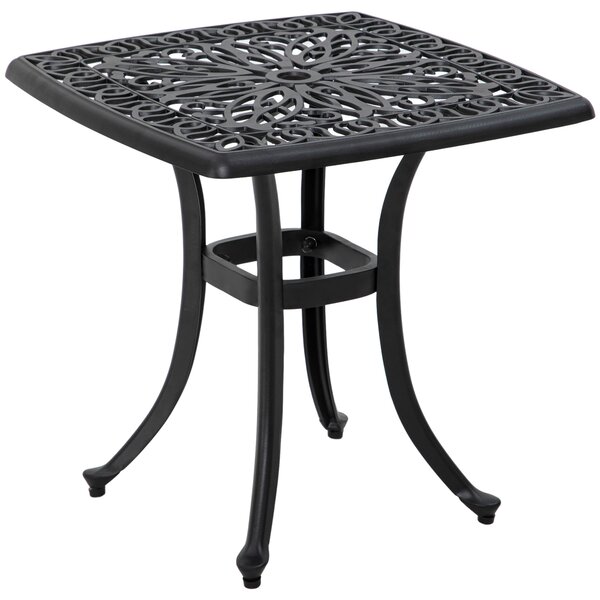Outsunny Cast Aluminium Bistro Table, Outdoor Square Side Table with Umbrella Hole, Garden Table for Balcony, Poolside, Black