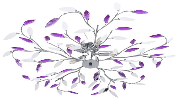 Ceiling Lamp with Acrylic Crystal Leaf Arms for 5 E14 Bulbs Purple