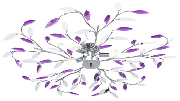 Ceiling Lamp with Acrylic Crystal Leaf Arms for 5 E14 Bulbs Purple