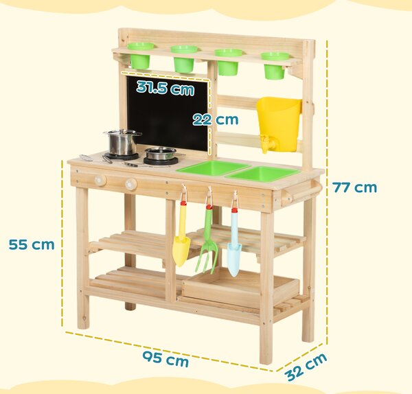 AIYAPLAY Kids Mud Kitchen, Outdoor Wooden Play Kitchen with Kitchenware & Garden Tools, Pretend Play Outdoor Toys, Natural