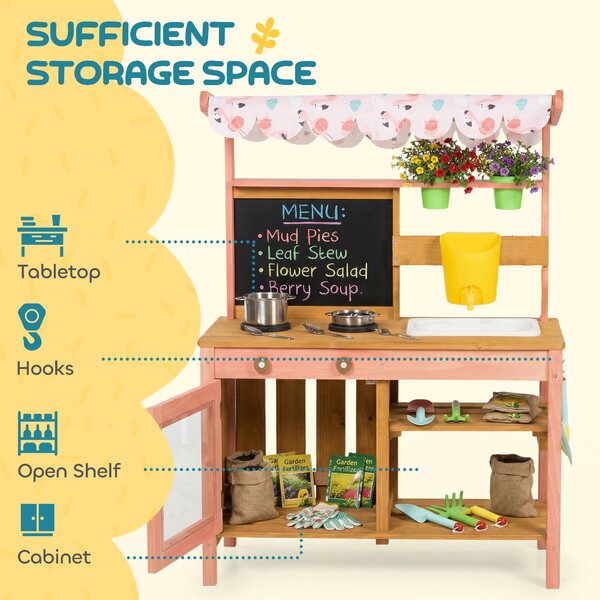 AIYAPLAY Kids Mud Kitchen with Canopy, Outdoor Wooden Play Kitchen with Planter Box, Accessories for Age 3-6, Pink