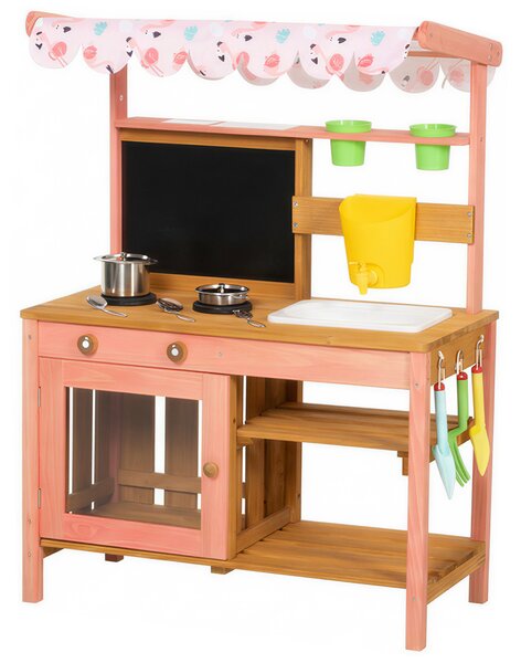 AIYAPLAY Kids Mud Kitchen with Canopy, Outdoor Wooden Play Kitchen with Planter Box, Accessories for Age 3-6, Pink
