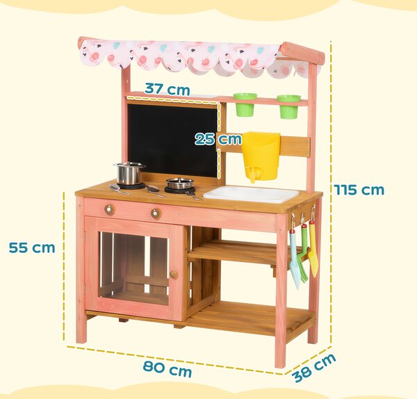 AIYAPLAY Kids Mud Kitchen with Canopy, Outdoor Wooden Play Kitchen with Planter Box, Accessories for Age 3-6, Pink