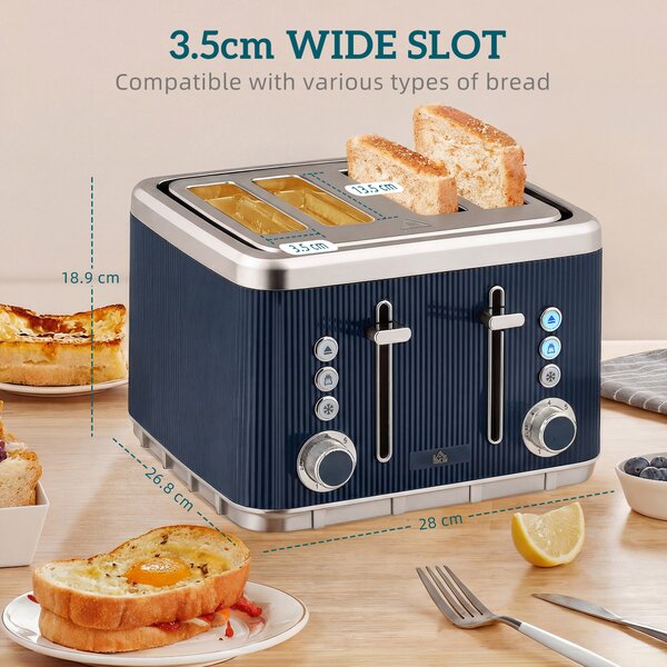 HOMCOM Electric Stainless Steel Kettle and Toaster Set, 3000W 1.7L UK Strix Thermostat Dark Blue