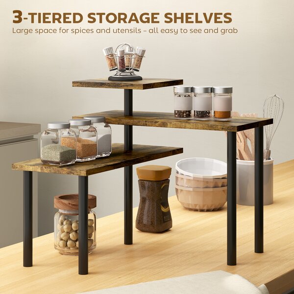 HOMCOM 3-Tier Bakers Rack with Storage, Kitchen Storage Unit, Steel Microwave Stand with Shelves, Rustic Brown