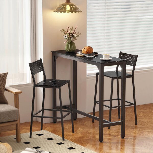 HOMCOM Rectangular Bar Table, Marble Effect Pub Coffee Table for Small Space, Breakfast Dining, Black Marble Effect