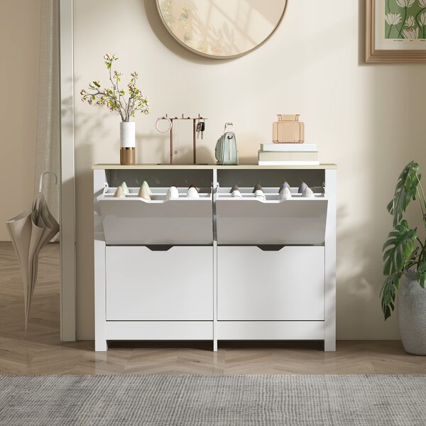 HOMCOM Slim Shoe Cabinet, Narrow Shoe Cupboard with 4 Flip Drawers, Adjustable Shelves for 16 Pairs of Shoes, White