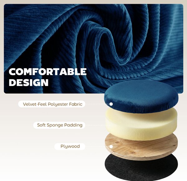 HOMCOM Storage Ottoman Modern Velvet Round Foot Stool for Living Room Bedroom 45 cm Blue