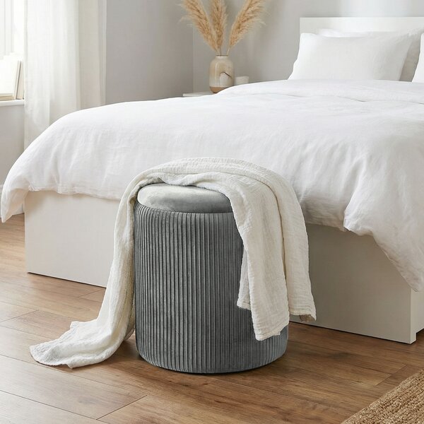 HOMCOM Storage Ottoman Modern Velvet Round Foot Stool for Living Room Bedroom 45 cm Grey