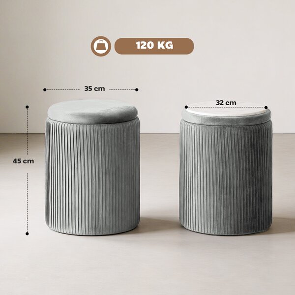HOMCOM Storage Ottoman Modern Velvet Round Foot Stool for Living Room Bedroom 45 cm Grey