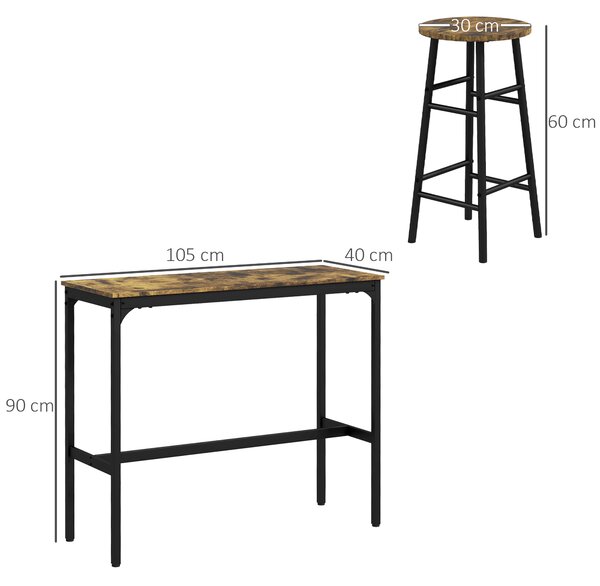 HOMCOM 3 Piece Bar Table Set with 2 Stools, Industrial Bar Table and Stool Set, Dining Table and Chair Set, Rustic Brown