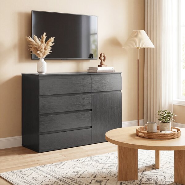 HOMCOM Modern Sideboard, Sideboard Storage Cabinet with 5 Drawers, Adjustable Shelf, Soft-Close Door, Black
