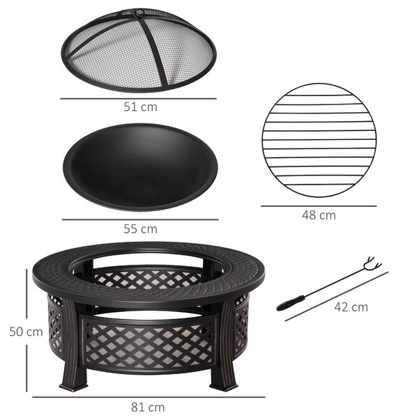 Outsunny Outdoor Fire Pit, Firepit with Grill Net, Mesh Lid, Poker, for Camping, Bonfire, Picnic, Bronze Tone