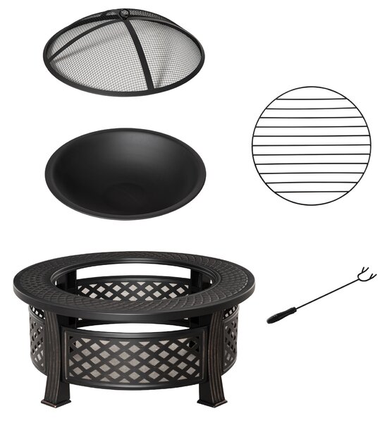 Outsunny Outdoor Fire Pit, Firepit with Grill Net, Mesh Lid, Poker, for Camping, Bonfire, Picnic, Bronze Tone