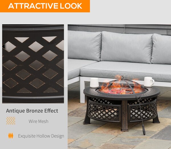 Outsunny Outdoor Fire Pit, Firepit with Grill Net, Mesh Lid, Poker, for Camping, Bonfire, Picnic, Bronze Tone