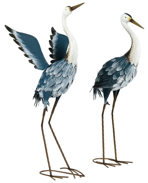 Outsunny Heron Garden Statues, Standing Garden Ornament, Metal Garden Gift with Stakes, Blue & White